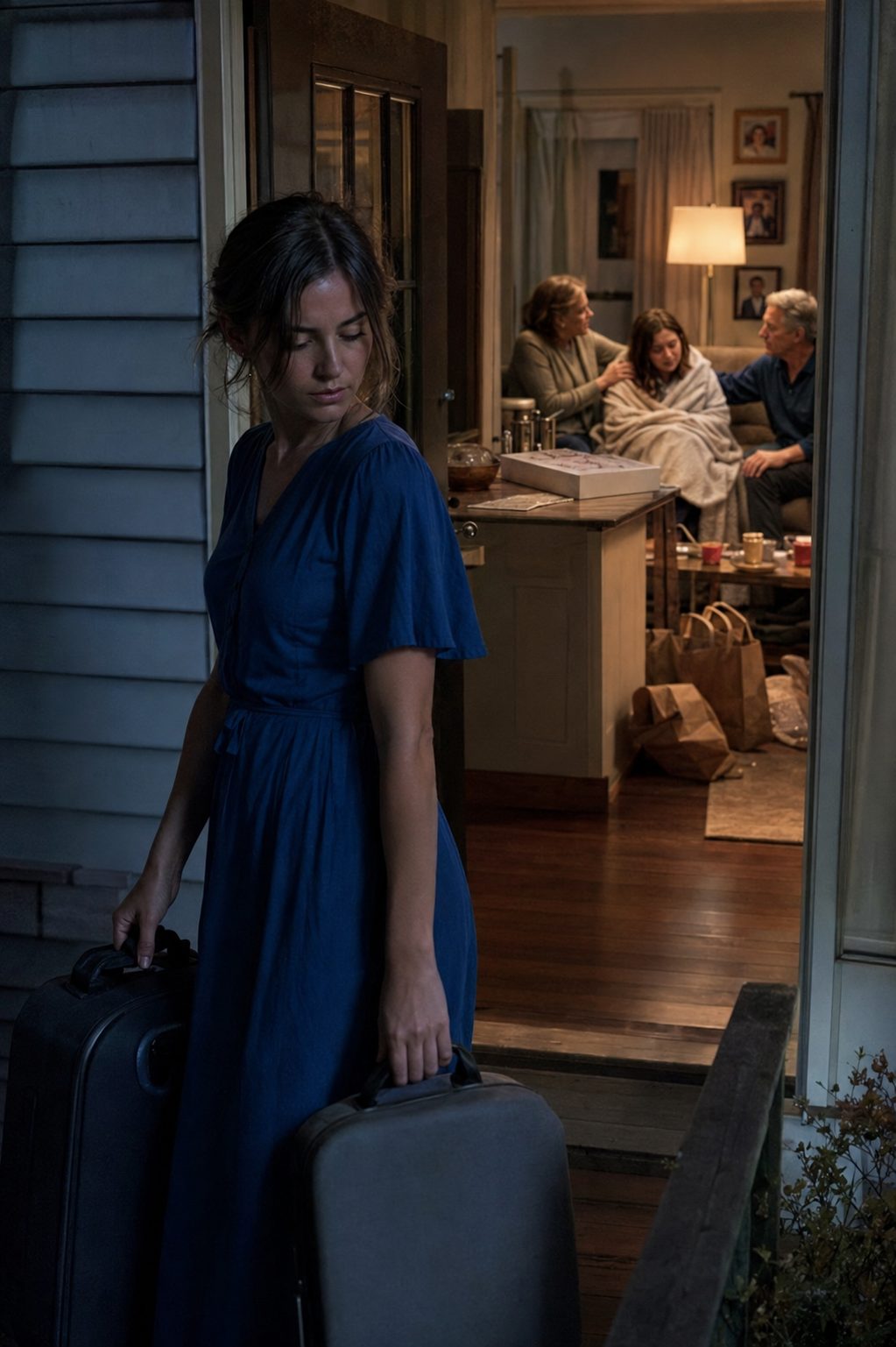 family betrayal Story Secret: Family Betrayal: A Young Woman's Quiet Departure family betrayal Story Secret: A young American woman leaving her family home quietly, wearing a simple elegant blue dress, carrying two suitcases toward the back door of a modest suburban Chicago home late at night