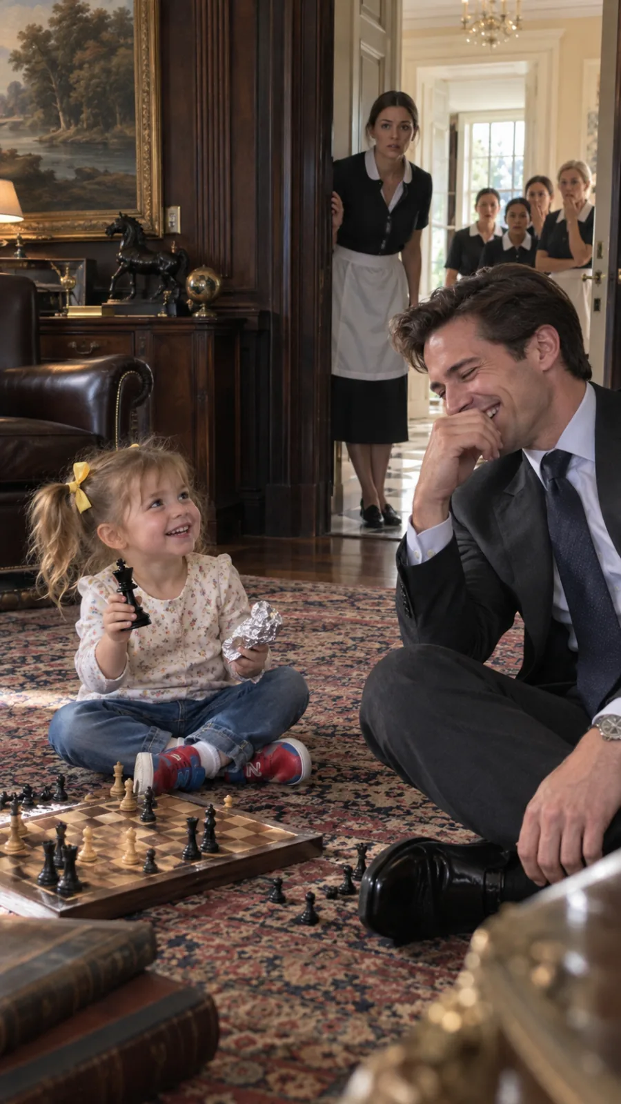 A Heartwarming Moment with a Billionaire's Chess King billionaire's chess king: A three-year-old girl holding a chess king and laughing with a billionaire